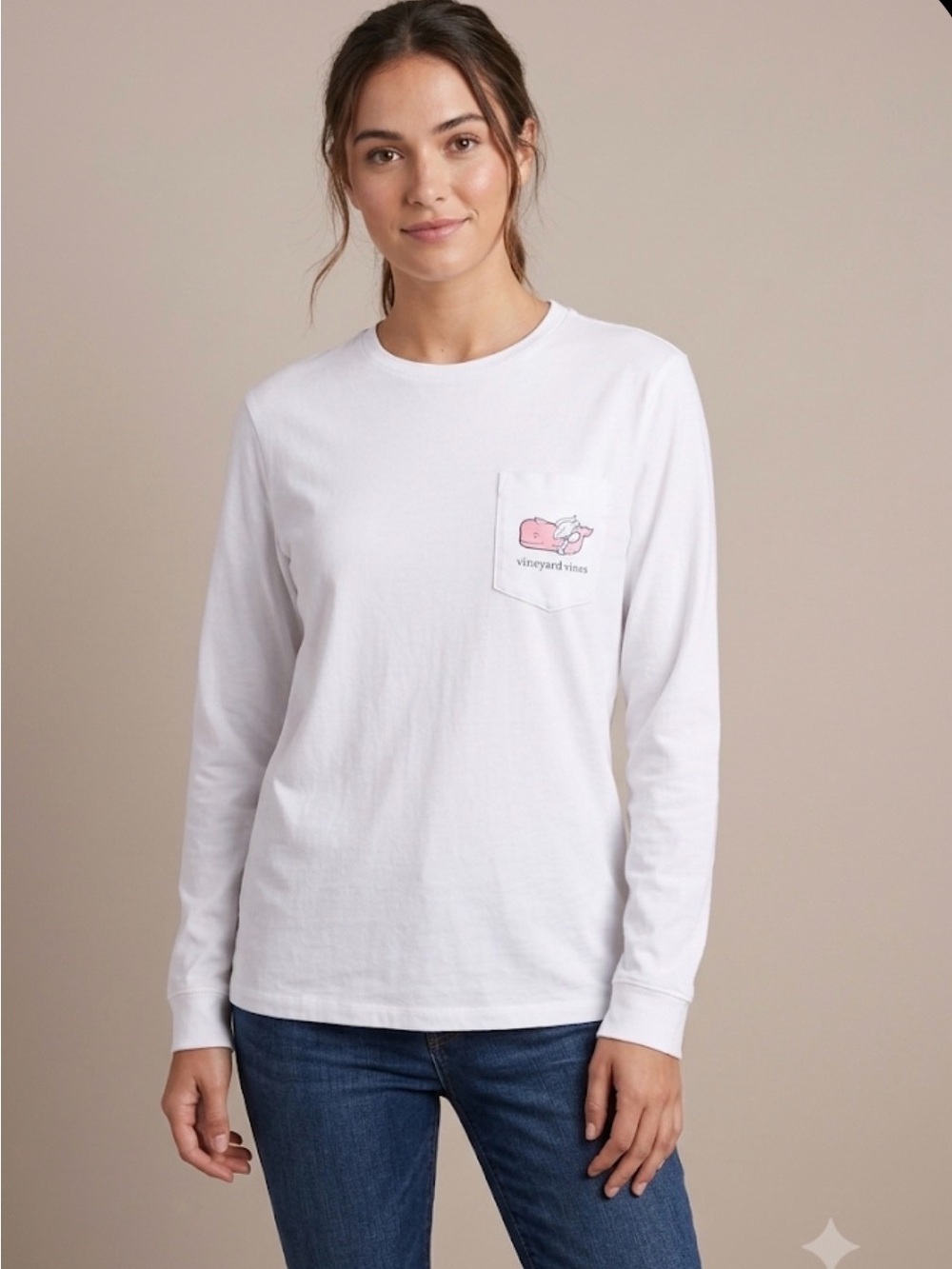 Vineyard Vines White Long-Sleeve Pocket Tee with Pink Whale Patch